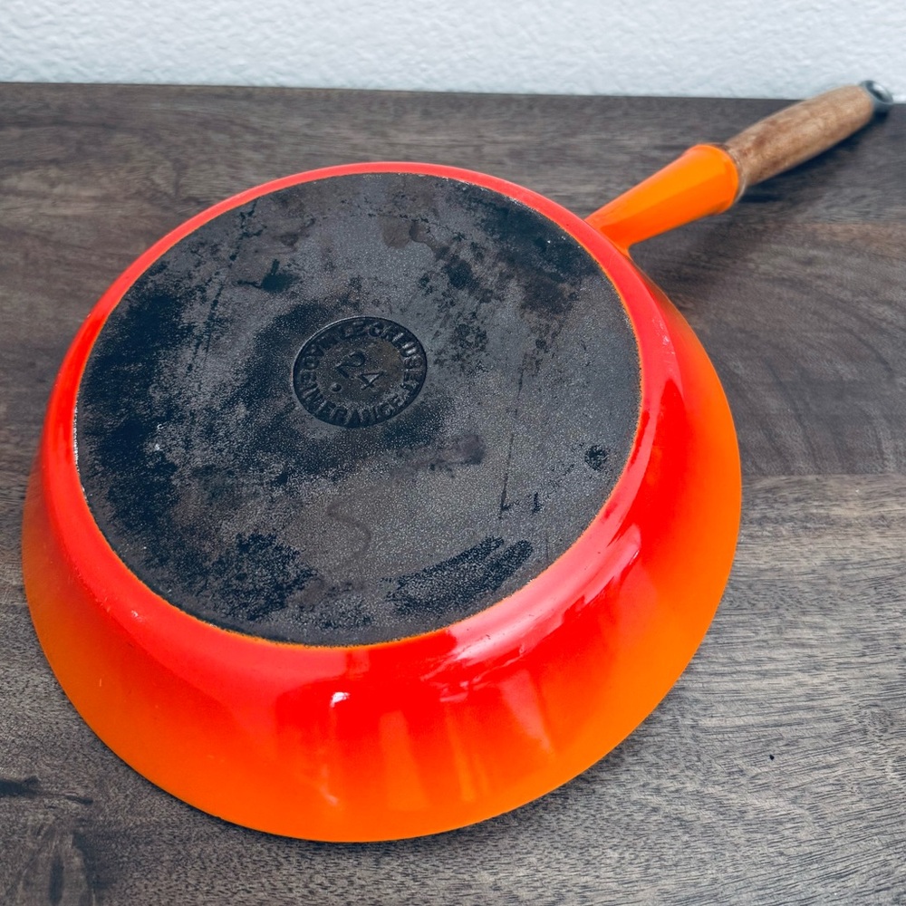 Vintage LeCreuset Flame Orange Enamel Cast Iron Cookware Skillet Pan